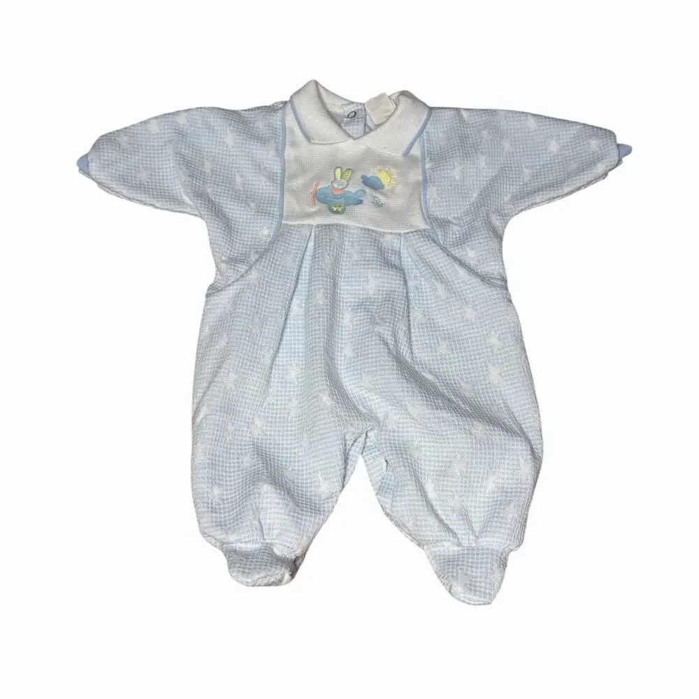 Vintage Baby Dior Footed Romper Medium 12-17 Lbs Blue Airplane Bunny Sleepsuit